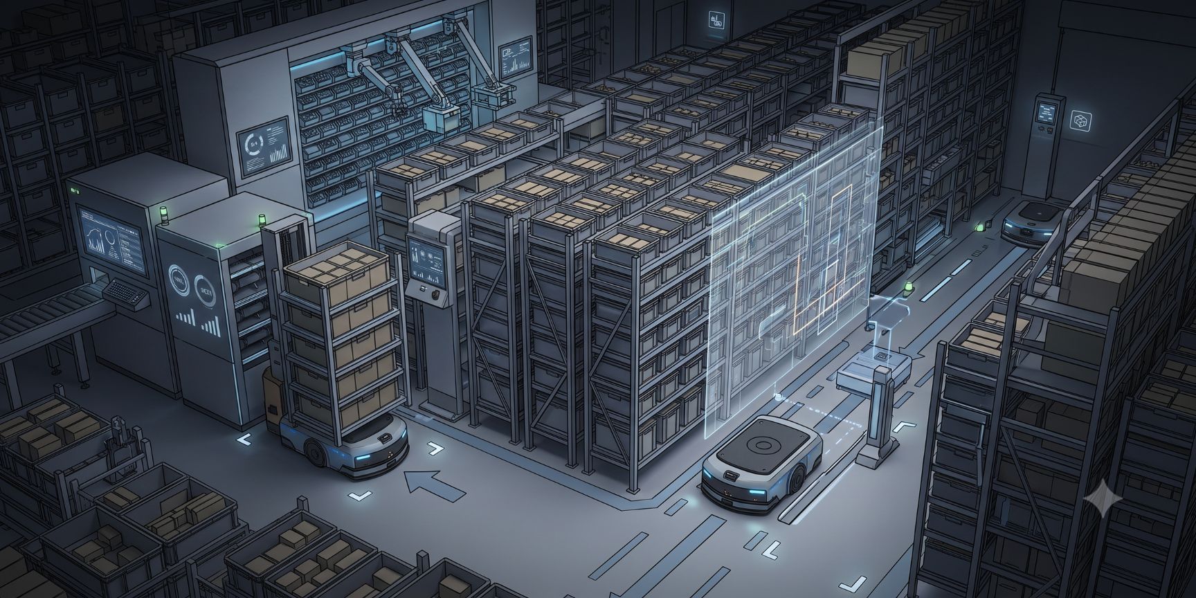 Detailed close-up of automated warehouse optimization with AMR robots, narrow aisles, and modular shelves in a modern, technology-enabled 'Dark Warehouse'.
